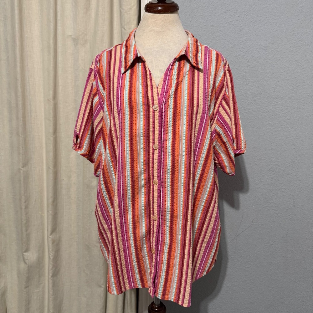 100%‎ Cotton Basic Editions Button Up Shirt Size 3X Short Sleeve Striped Cotton